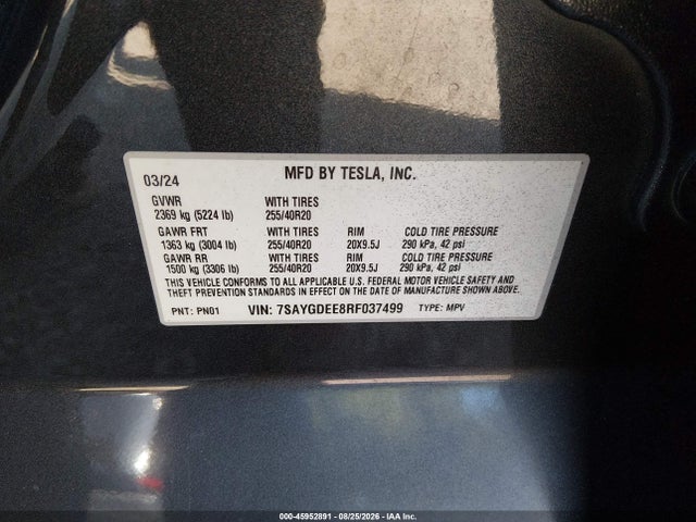 Auction sale of the 2024 Tesla Model Y Long Range Dual Motor All-wheel Drive, vin: 7SAYGDEE8RF037499, lot number: 45952891