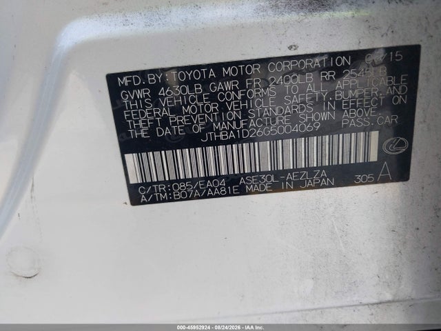 45952924 :رقم المزاد ، JTHBA1D26G5004069 vin ، 2016 Lexus Is 200t مزاد بيع