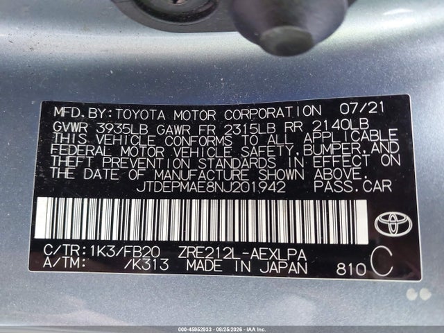 45952933 :رقم المزاد ، JTDEPMAE8NJ201942 vin ، 2022 Toyota Corolla Le مزاد بيع