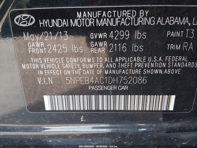 45952939 :رقم المزاد ، 5NPEB4AC1DH752086 vin ، 2013 Hyundai Sonata Gls مزاد بيع