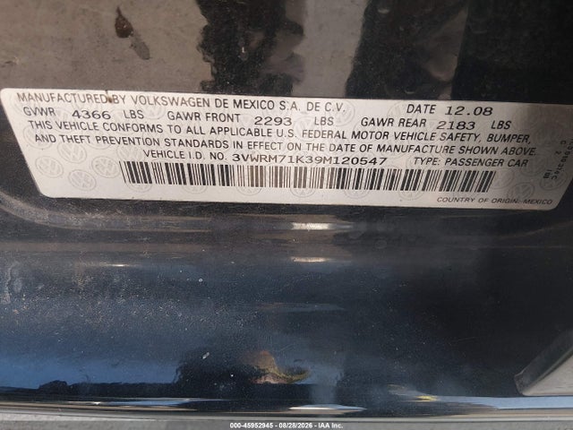 2009 Volkswagen Jetta Se მანქანა იყიდება აუქციონზე, vin: 3VWRM71K39M120547, აუქციონის ნომერი: 45952945