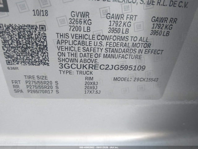 Продаж на аукціоні авто 2018 Chevrolet Silverado 1500 2lt, vin: 3GCUKREC2JG595109, номер лоту: 45952952