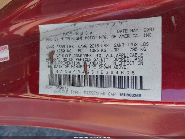 45952965 :رقم المزاد ، 4A3AC34G31E204636 vin ، 2001 Mitsubishi Eclipse Rs مزاد بيع