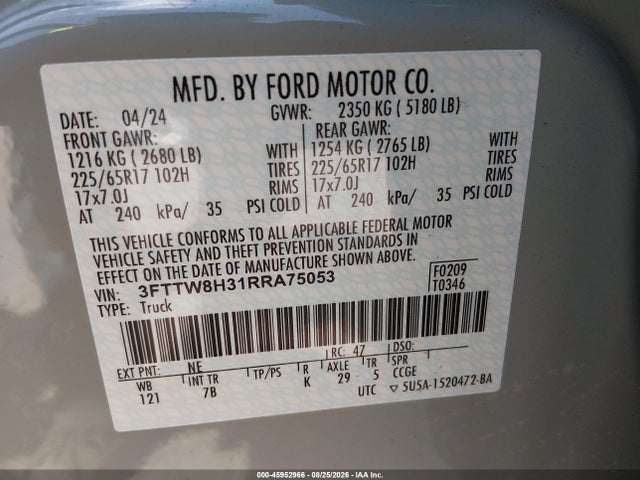 2024 Ford Maverick Xlt მანქანა იყიდება აუქციონზე, vin: 3FTTW8H31RRA75053, აუქციონის ნომერი: 45952966
