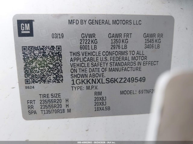 2019 Gmc Acadia Denali მანქანა იყიდება აუქციონზე, vin: 1GKKNXLS6KZ249549, აუქციონის ნომერი: 45952983