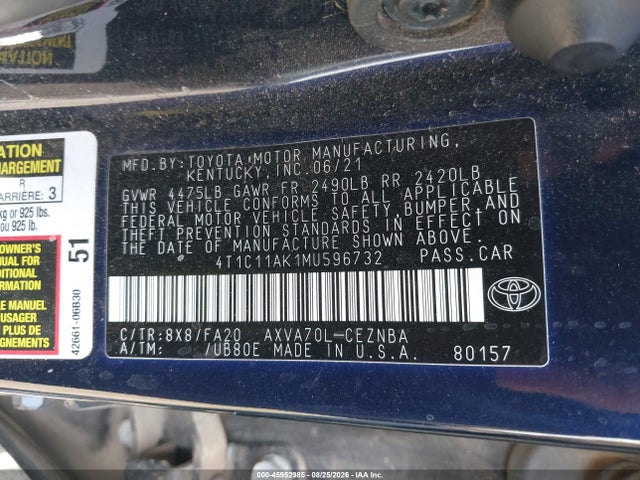 Aukcja sprzedaży 2021 Toyota Camry Le, vin: 4T1C11AK1MU596732, numer aukcji: 45952985