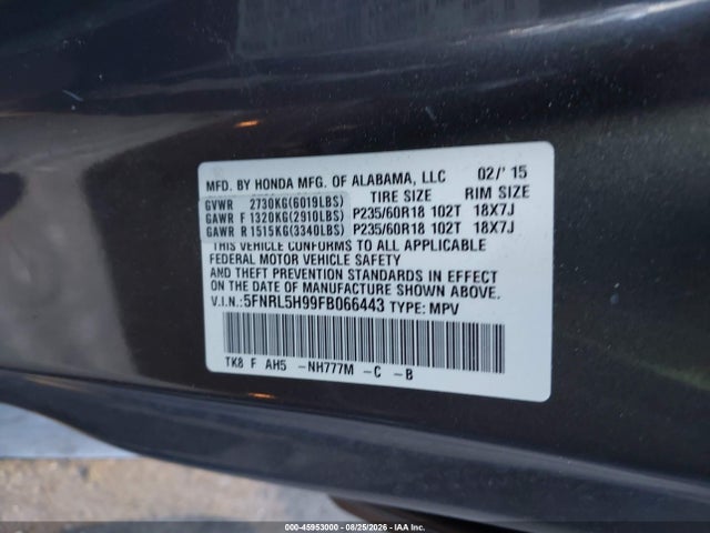5FNRL5H99FB066443 Honda Odyssey Touring/touring Elite
