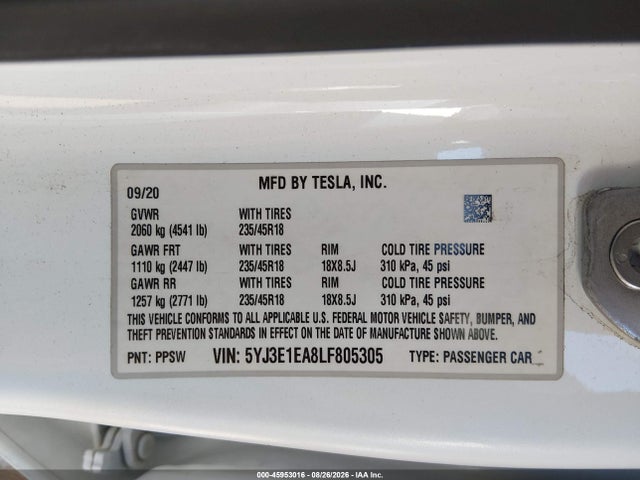 5YJ3E1EA8LF805305 Tesla Model 3 Standard Range Plus Rear-wheel Drive/standard Range Rear-wheel Drive