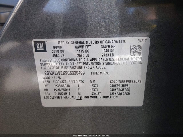 2012 Gmc Terrain Slt-2 მანქანა იყიდება აუქციონზე, vin: 2GKALWEK9C6330499, აუქციონის ნომერი: 45953029