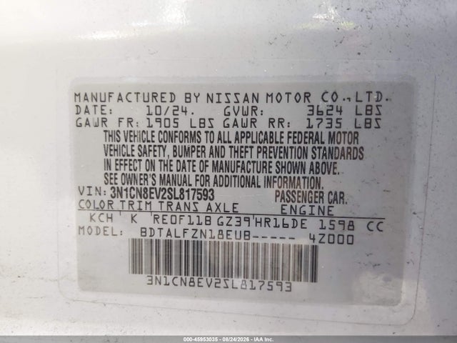 Продажа на аукционе авто 2025 Nissan Versa 1.6 Sv, vin: 3N1CN8EV2SL817593, номер лота: 45953035