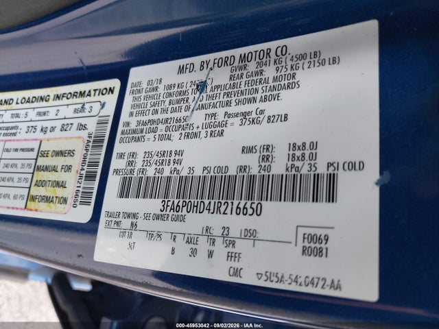 Ford FUSION SE 2018 3FA6P0HD4JR216650 Image 9