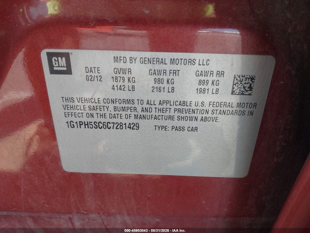 Продаж на аукціоні авто 2012 Chevrolet Cruze Ltz, vin: 1G1PH5SC6C7281429, номер лоту: 45953043