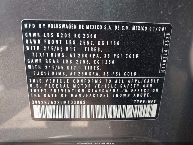 45953046 :رقم المزاد ، 3VV3B7AX3LM103069 vin ، 2020 Volkswagen Tiguan 2.0t Se/2.0t Se R-line Black/2.0t Sel مزاد بيع