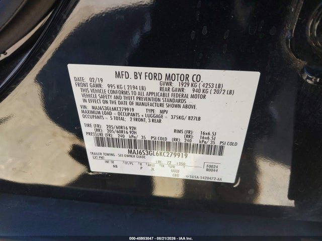 MAJ6S3GL6KC279919 Ford Ecosport Se