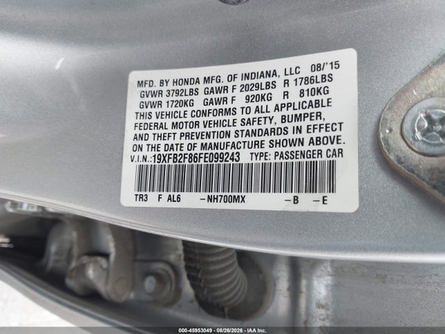 Продаж на аукціоні авто 2015 Honda Civic Ex, vin: 19XFB2F86FE099243, номер лоту: 45953049