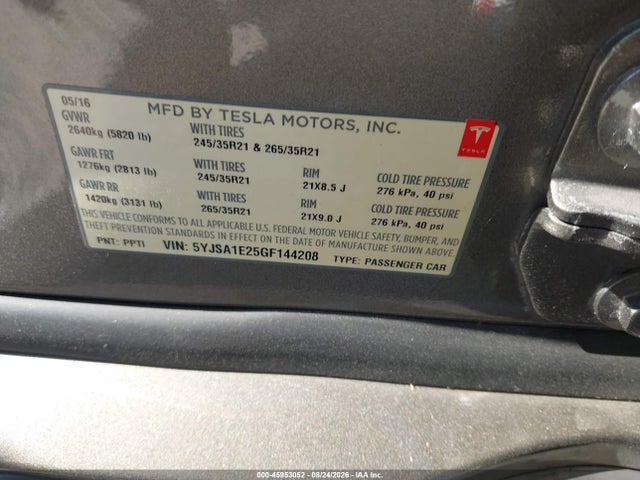 Продаж на аукціоні авто 2016 Tesla Model S 60d/70d/75d/85d/90d, vin: 5YJSA1E25GF144208, номер лоту: 45953052