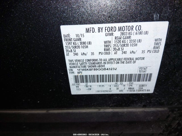 Ford Explorer Limited 2016 1FM5K8F89GGB43232 Image 9
