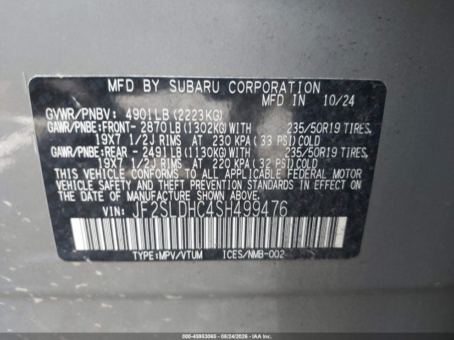 2025 Subaru Forester Sport მანქანა იყიდება აუქციონზე, vin: JF2SLDHC4SH499476, აუქციონის ნომერი: 45953065