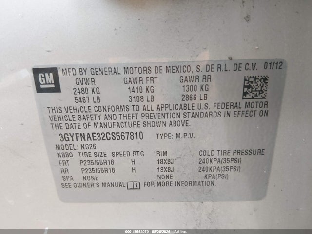 45953070 :رقم المزاد ، 3GYFNAE32CS567810 vin ، 2012 Cadillac Srx Luxury Collection مزاد بيع
