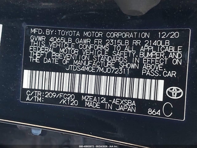 45953072 :رقم المزاد ، JTDS4MCE7MJ072311 vin ، 2021 Toyota Corolla Se مزاد بيع