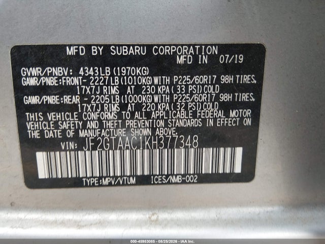 Продажа на аукционе авто 2019 Subaru Crosstrek 2.0i, vin: JF2GTAAC1KH377348, номер лота: 45953085
