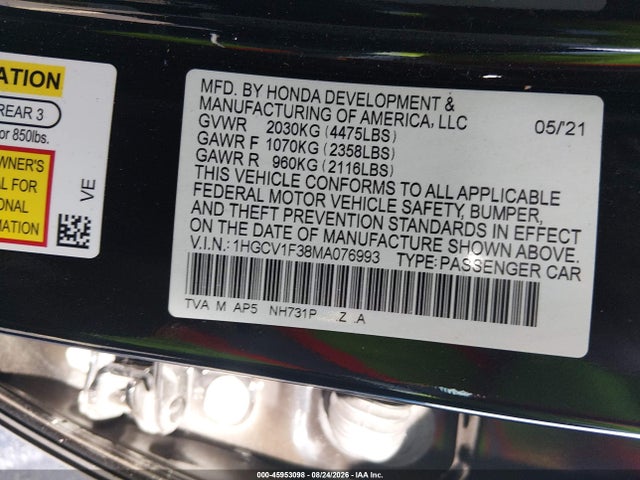 Aukcja sprzedaży 2021 Honda Accord Sport, vin: 1HGCV1F38MA076993, numer aukcji: 45953098