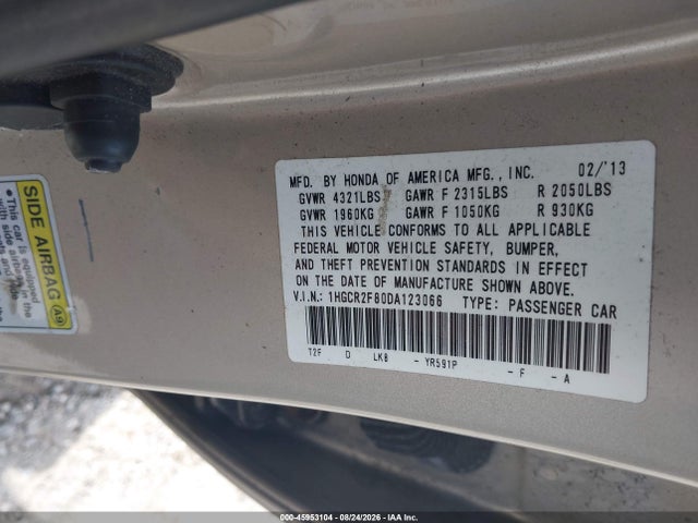 Aukcja sprzedaży 2013 Honda Accord Ex-l, vin: 1HGCR2F80DA123066, numer aukcji: 45953104