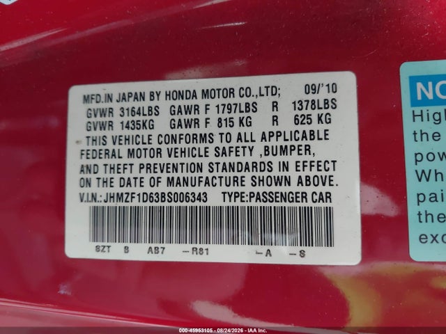 45953105 :رقم المزاد ، JHMZF1D63BS006343 vin ، 2011 Honda Cr-z Ex مزاد بيع