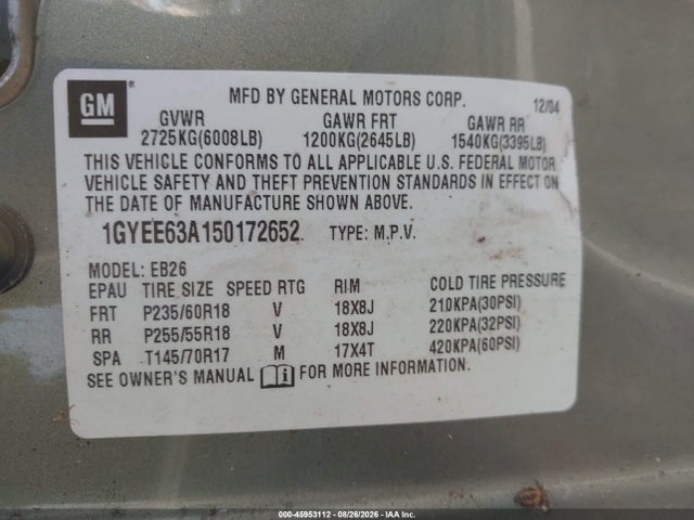 Aukcja sprzedaży 2005 Cadillac Srx V8, vin: 1GYEE63A150172652, numer aukcji: 45953112