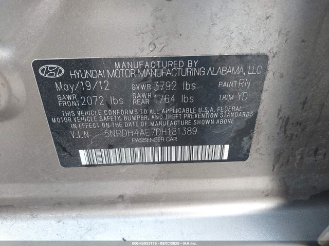 45953116 :رقم المزاد ، 5NPDH4AE7DH181389 vin ، 2013 Hyundai Elantra Gls مزاد بيع