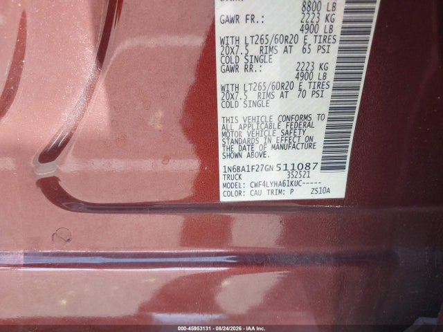 Aukcja sprzedaży 2016 Nissan Titan Xd Platinum Reserve Diesel, vin: 1N6BA1F27GN511087, numer aukcji: 45953131