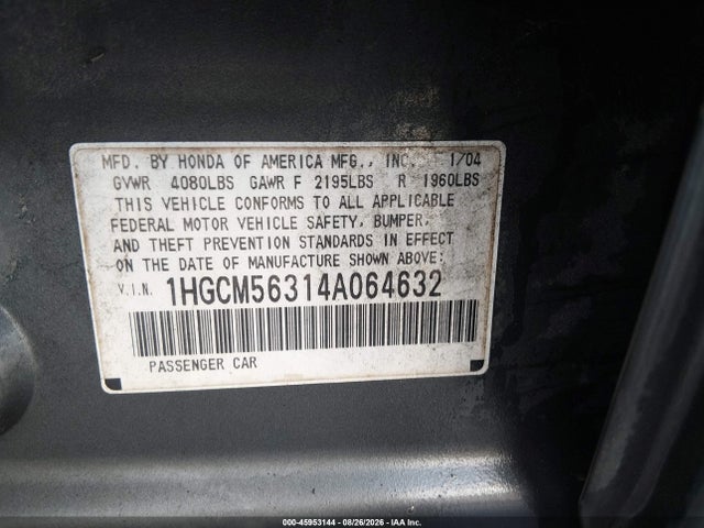 45953144 :رقم المزاد ، 1HGCM56314A064632 vin ، 2004 Honda Accord 2.4 Lx مزاد بيع