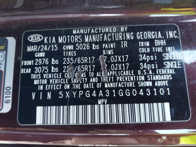 Aukcja sprzedaży 2016 Kia Sorento 2.4l Lx, vin: 5XYPG4A31GG043101, numer aukcji: 45953179