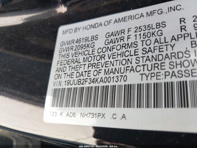 Aukcja sprzedaży 2019 Acura Tlx Standard, vin: 19UUB2F34KA001370, numer aukcji: 45953180