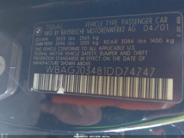 45953182 :رقم المزاد ، WBAGJ03481DD74747 vin ، 2001 Bmw 750il مزاد بيع
