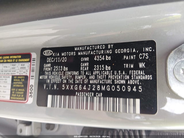2021 Kia K5 Gt-line მანქანა იყიდება აუქციონზე, vin: 5XXG64J28MG050945, აუქციონის ნომერი: 45953205