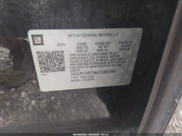 45953208 :رقم المزاد ، 1G1ZC5ST4LF115150 vin ، 2020 Chevrolet Malibu Fwd 1fl مزاد بيع