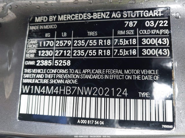 Aukcja sprzedaży 2022 Mercedes-benz Glb 250 4matic, vin: W1N4M4HB7NW202124, numer aukcji: 45953222