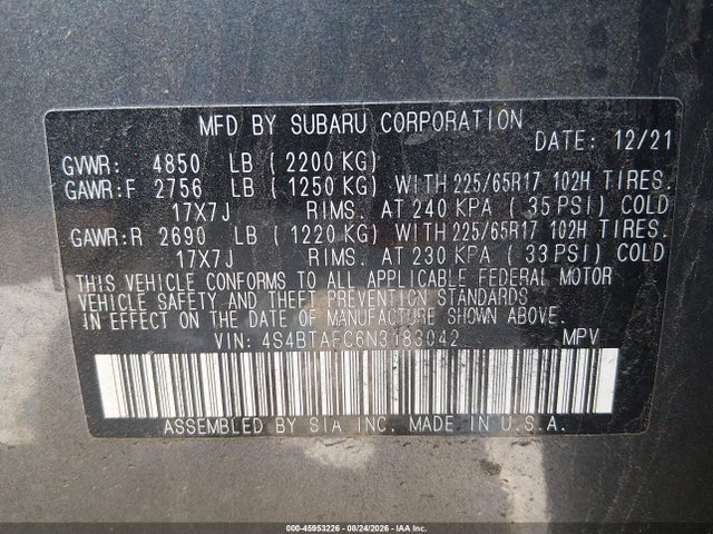 Aukcja sprzedaży 2022 Subaru Outback Premium, vin: 4S4BTAFC6N3183042, numer aukcji: 45953226