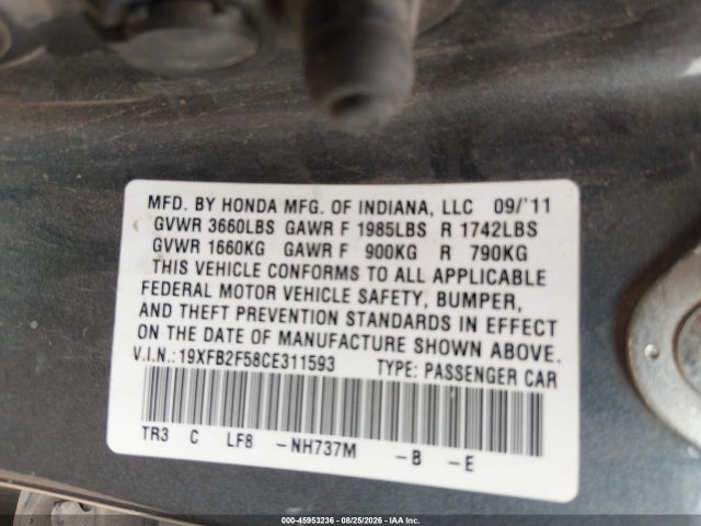 2012 Honda Civic Lx მანქანა იყიდება აუქციონზე, vin: 19XFB2F58CE311593, აუქციონის ნომერი: 45953236