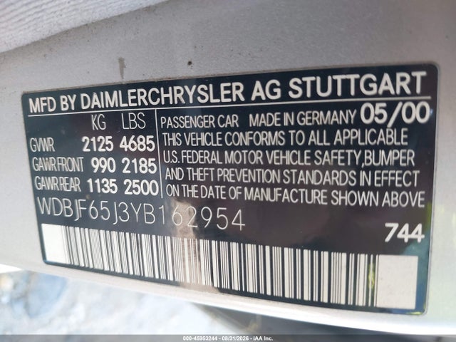 Продаж на аукціоні авто 2000 Mercedes-benz E 320, vin: WDBJF65J3YB162954, номер лоту: 45953244