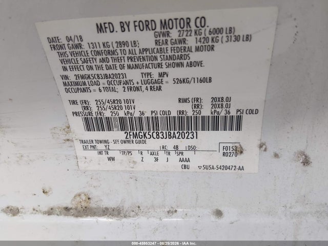 2018 Ford Flex Sel მანქანა იყიდება აუქციონზე, vin: 2FMGK5C83JBA20231, აუქციონის ნომერი: 45953247