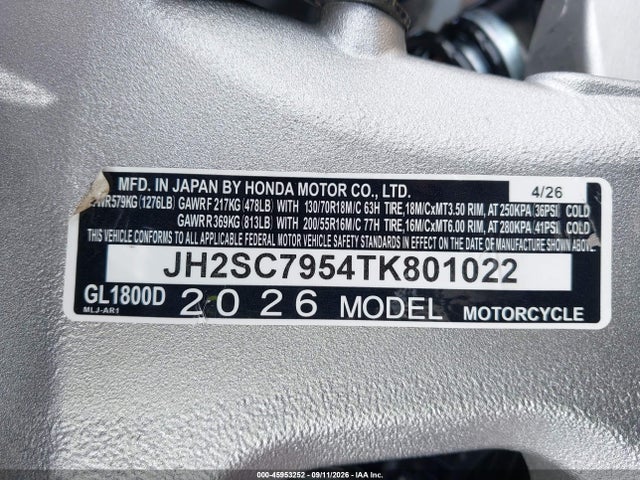 45953252 :رقم المزاد ، JH2SC7954TK801022 vin ، 2026 Honda Gl1800 D مزاد بيع