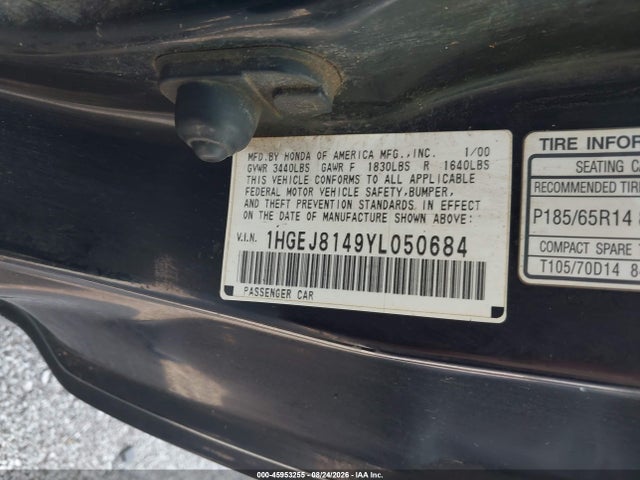 Продаж на аукціоні авто 2000 Honda Civic Ex, vin: 1HGEJ8149YL050684, номер лоту: 45953255