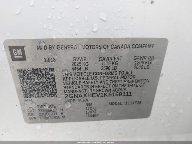 Auction sale of the 2019 Chevrolet Equinox Ls, vin: 2GNAXHEV1K6169111, lot number: 45953263