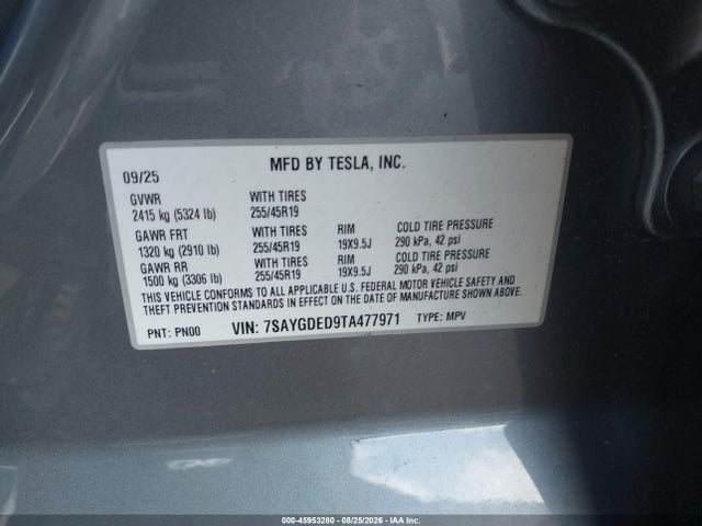 Продаж на аукціоні авто 2026 Tesla Model Y Premium/rear-wheel Drive, vin: 7SAYGDED9TA477971, номер лоту: 45953280