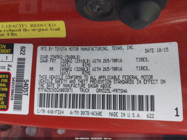 45953282 :رقم المزاد ، 5TFAZ5CN3GX003071 vin ، 2016 Toyota Tacoma Trd Off Road مزاد بيع