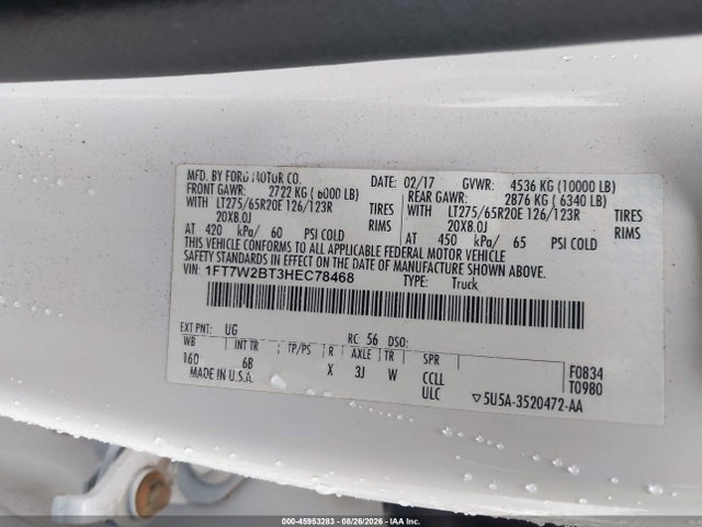 Продаж на аукціоні авто 2017 Ford F-250 Lariat, vin: 1FT7W2BT3HEC78468, номер лоту: 45953283