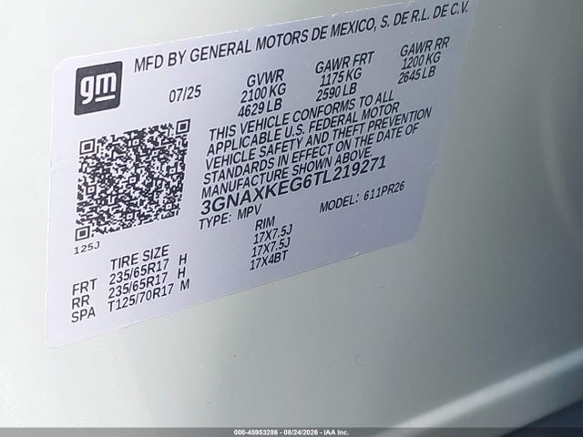 45953286 :رقم المزاد ، 3GNAXKEG6TL219271 vin ، 2026 Chevrolet Equinox Fwd Activ مزاد بيع
