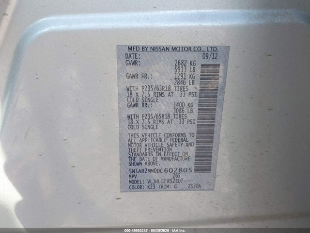 45953287 :رقم المزاد ، 5N1AR2MM0DC602805 vin ، 2013 Nissan Pathfinder Sv مزاد بيع